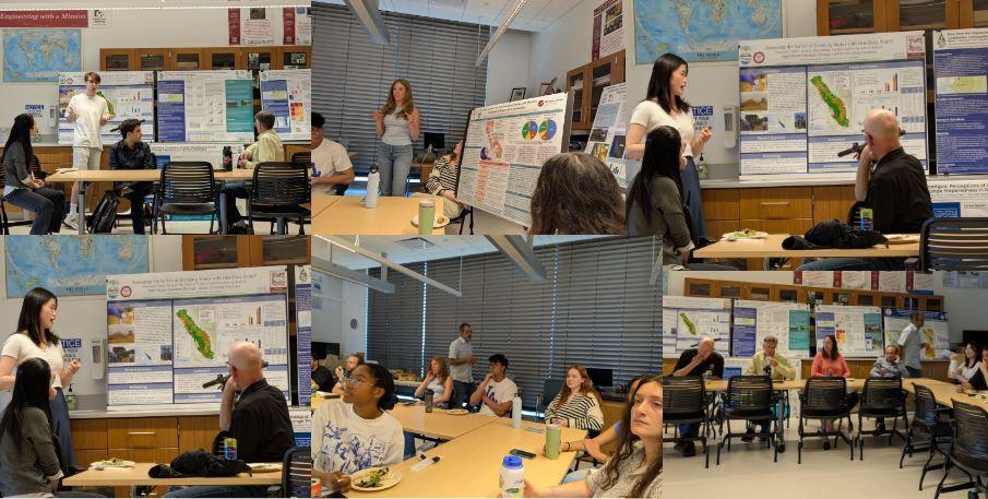 Collage of 6 photos with seated students listening to poster presenters