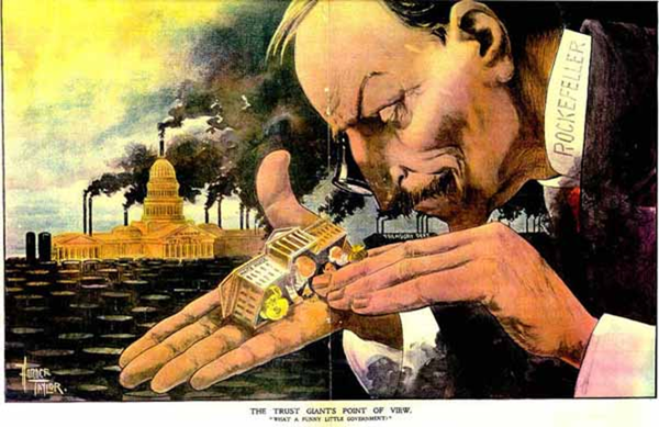 Caricature of John D. Rockefeller holding the White House in his hand.