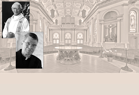 Two men in front of a cathedral with high arches.