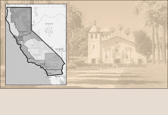 Alt text: Map of California dioceses beside an illustration of a large building.