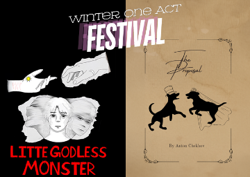 Text Winter One Act Festival above a split image: on right, a white 3-headed monster on a black background above red text 