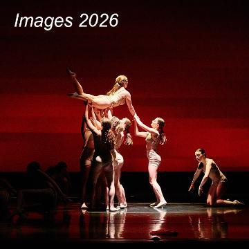 a female dance student being held aloft by 4 other female dance students, all in cream costumes onstage with white text 