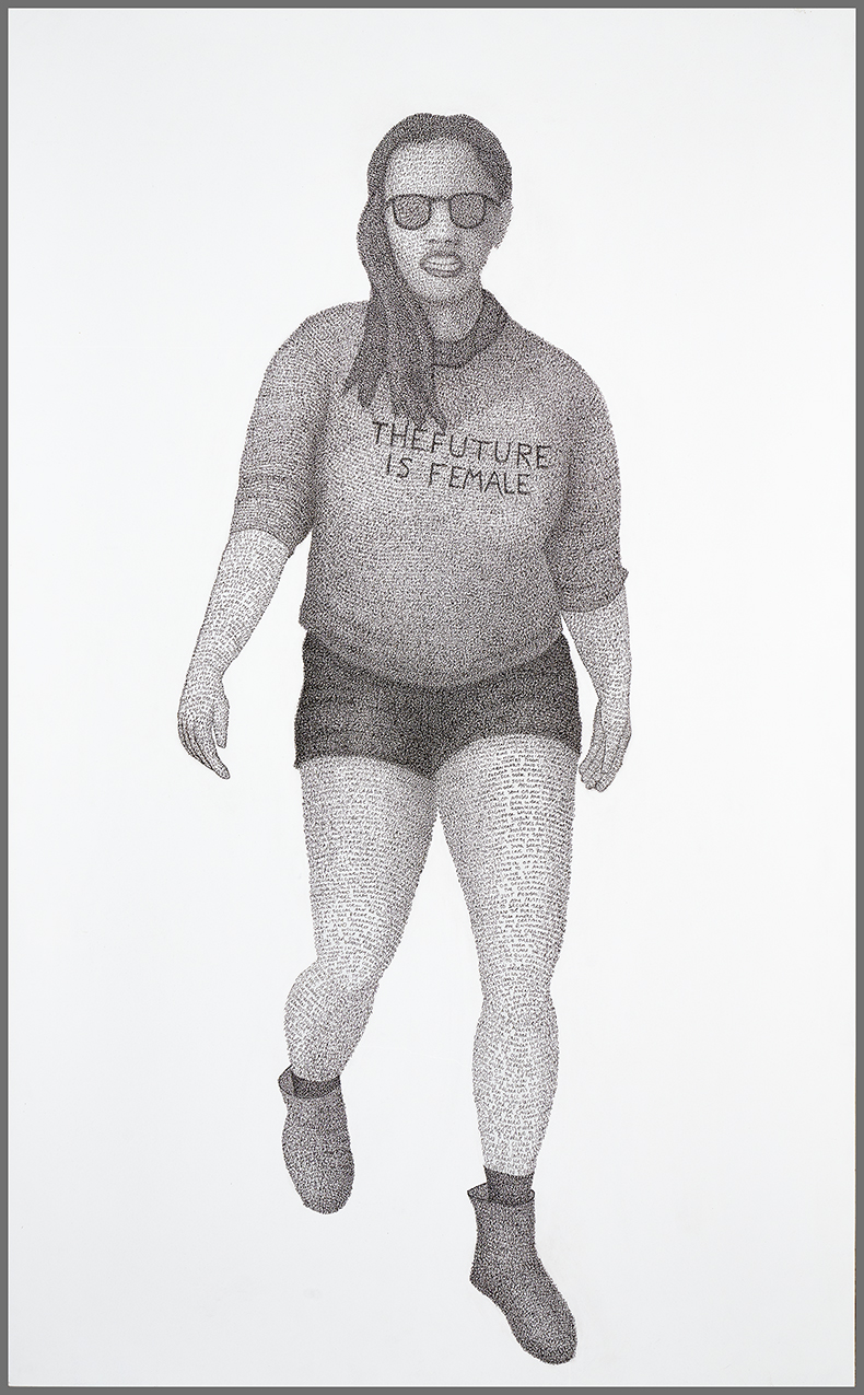 Black and white ink portrait of female figure standing with shirt that reads The Future is Female