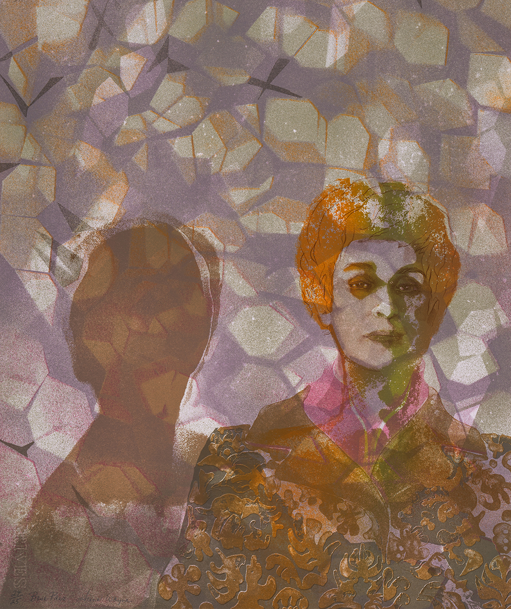 Lithograph of female figure and shadow against abstract, geometric background