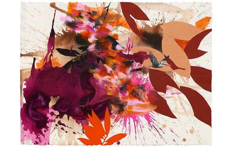 Work on paper with stenciling of leaves and splatters in reds tans and oranges with detailed rendering of a brown pelican