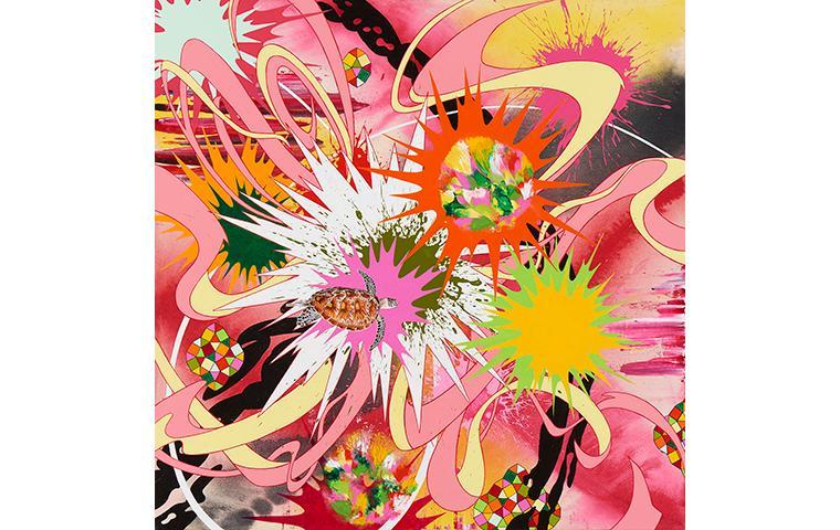 Painting of swirls and explosions in yellows greens pinks and oranges with detailed painting of a green sea turtle