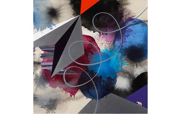 Painting with blues blacks greys and red in geometric and swirling shapes with detail painting of a polar bear