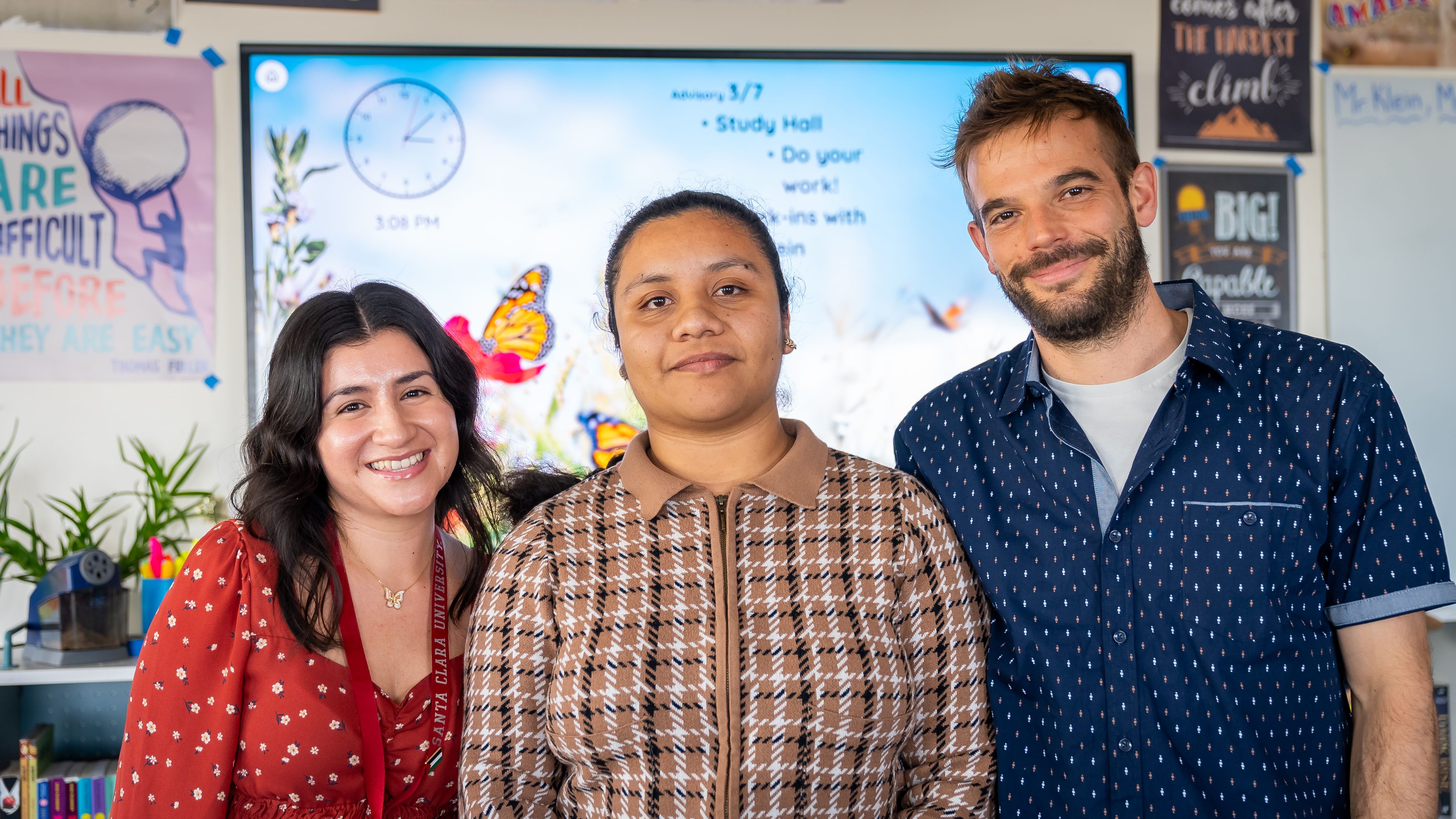 From Left to Right: EL Paraprofessional and ECP student Montserrat Viramontes, RCLA alum and SCU undergrad student Belen De Los Angeles Santos Santiago, and ELD teacher Brody Klein. 