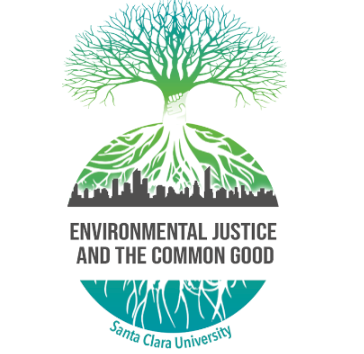 Alt text: "Environmental justice and the common good graphic with tree, cityscape, and text."
