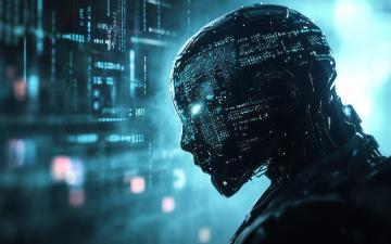 Futuristic android with glowing blue circuitry face By Nejron Photo via Adobe Stock.