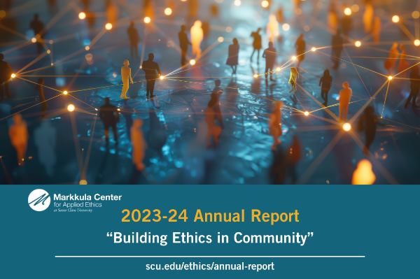 Figures of people standing on a map, interconnected by illuminated dots and lines. Text overlay says, 