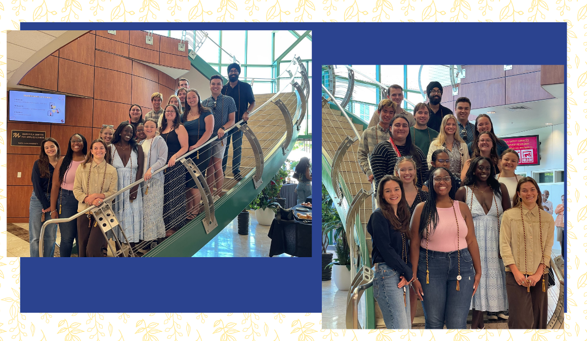 2025 Graduating seniors from the Markkula Center for Applied Ethics stand on the staircase in Vari Hall at Santa Clara University,