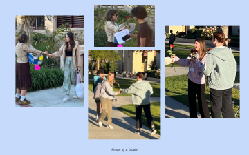 Campus Ethics Team fellows hand out roses on SCU campus to raise mental health awareness. 