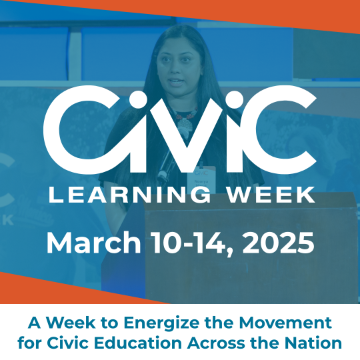 Person speaking at a podium with a banner reading 'Civic Learning Week March 10-14, 2025,' promoting civic education engagement across the nation.