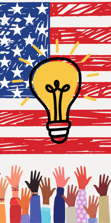 hands reaching toward a lightbulb with an american flag