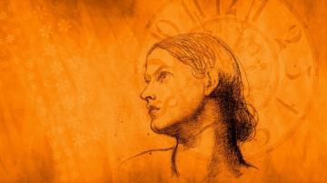 A pencil drawing of a woman staring off in the distance.