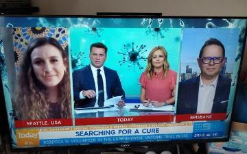 Computer screen showing a Today Show interview with participant in experimental covid-19 vaccine trial.