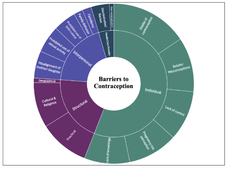 Figure 2. Barriers to Contraception. The central themes include related subthemes, and the size of each section is proportional to the frequency with which each theme was mentioned across 16 studies. © 2024 Batek et al, National Library of Medicine, CC by 4.0.