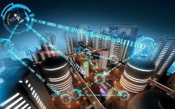 A futuristic cityscape connected by satellite and internet connectivity.