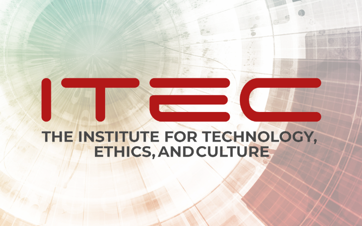 Institute for Technology, Ethics, and Culture Logo. Background:Technology Abstract cropped, faded, and inverted by kentoh_Adobe Stock