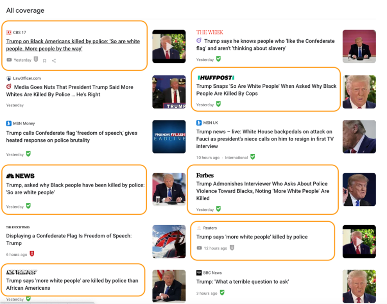 Screenshot from Google News showing media outlets and headlines. Photo by Subbu Vincent.