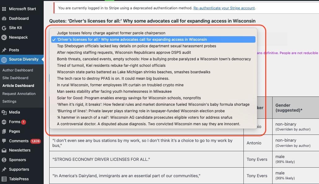 Article Dashboard Screen Dropdown Menu: Credit: Wisconsin Watch, Coburn Dukehart