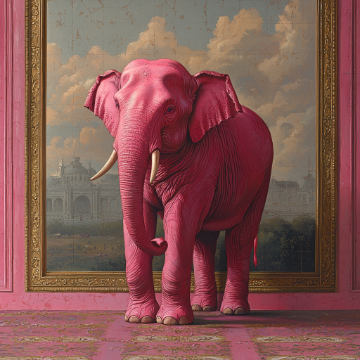 Pink elephant standing in the room in front of a large painting, by Maya Ackerman via Midjourney.
