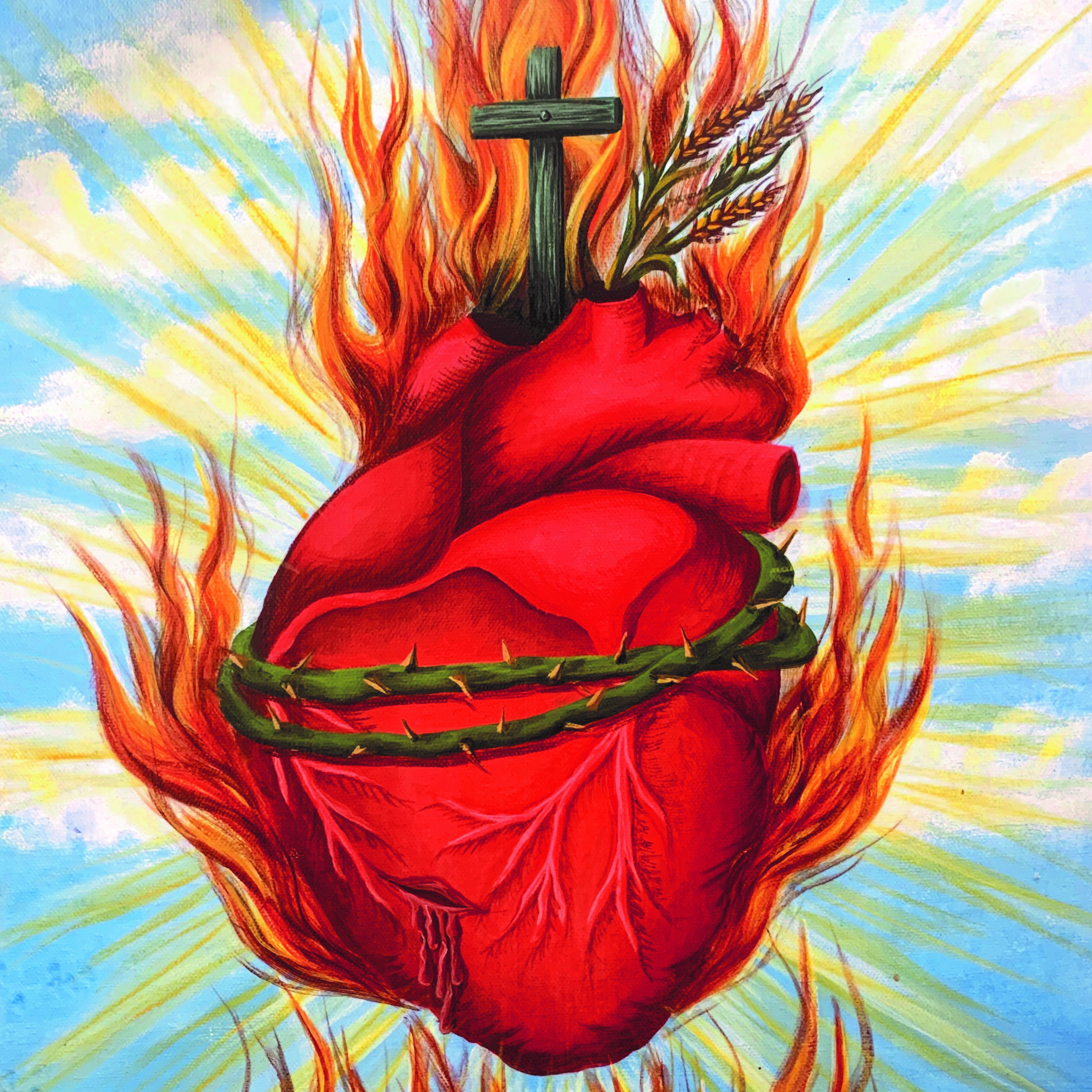 Sacred Heart with flames, a cross, and a crown of thorns.