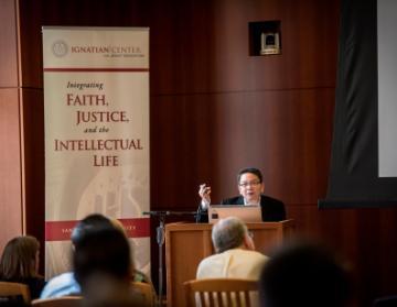 Two people giving a lecture at the Bannan Institute. image link to story