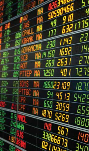 Stock market display board with numbers and symbols in green, red, and yellow.