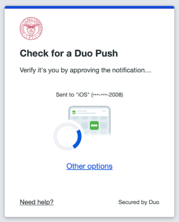 A screen shot showing the current prompt presented by Duo for two-factor authentication