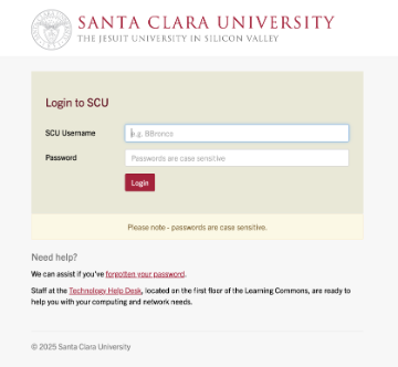 A screen shot showing the new look for the SCU Single sign-on page
