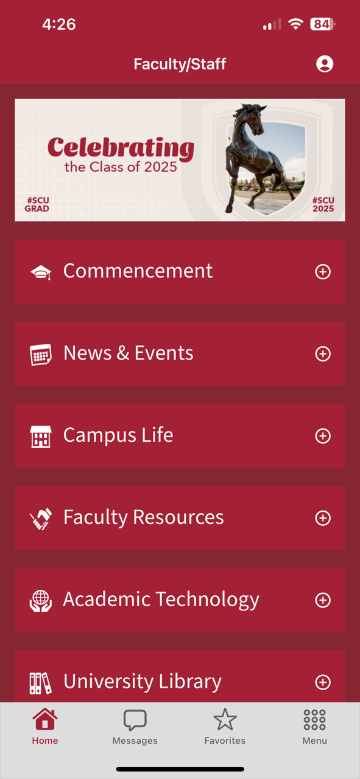 Screen shot of the SCU Mobile App home page