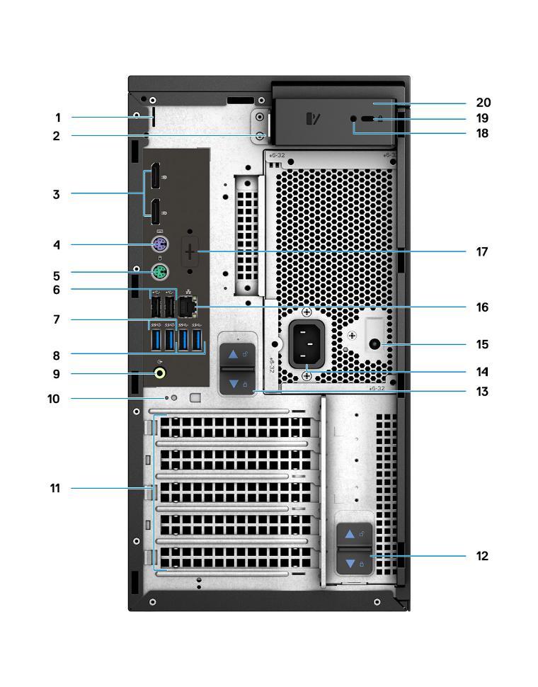 An image of the back of a Dell Precision 3640 minitower computer with numbers labeling ports