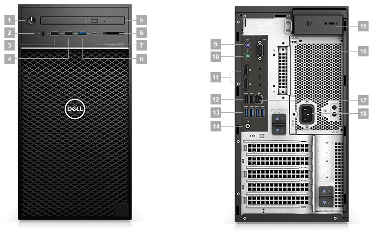 An image showing the ports on the front and back of the Dell Precision 3630 minitower computer.