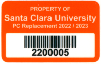 An image of the 2022-2023 PC Replacement Program asset tag showing the tag is orange and the asset tag starts with