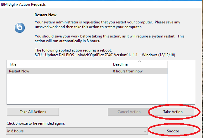 An image of the BigFix popup which asks if you want to take action on the patch or reboot task along with a snooze button to be reminded later.