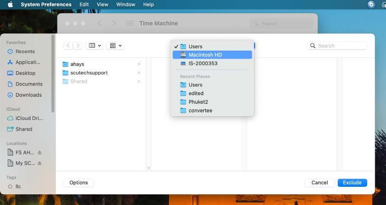 An image of the folder selection screen in macOS showing Macintosh HD chosen in the drop-down list of folders.