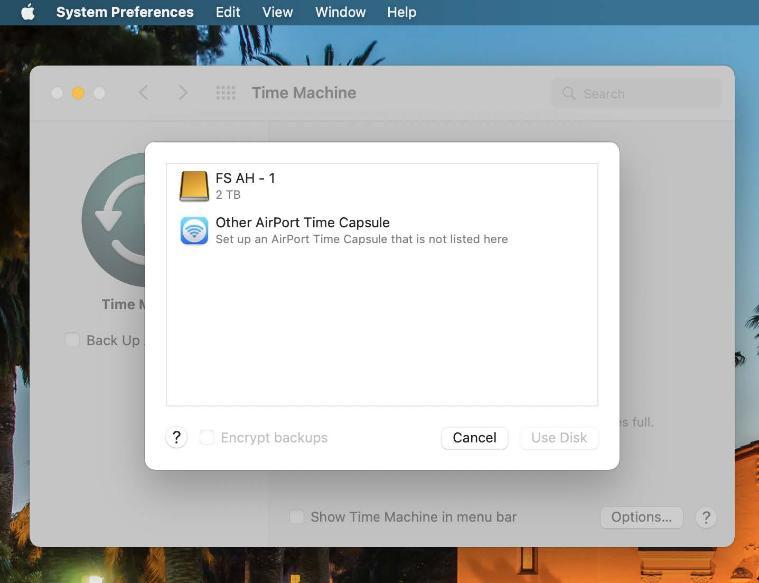 An image of the Time Machine panel showing a selection list to choose a backup location. List includes