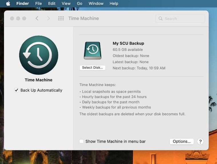 An image of the Time Machine panel in System Preferences showing an external drive