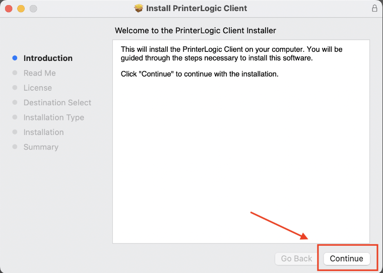 The first panel of the PrinterLogic client with the option to continue highlighted with a red box.