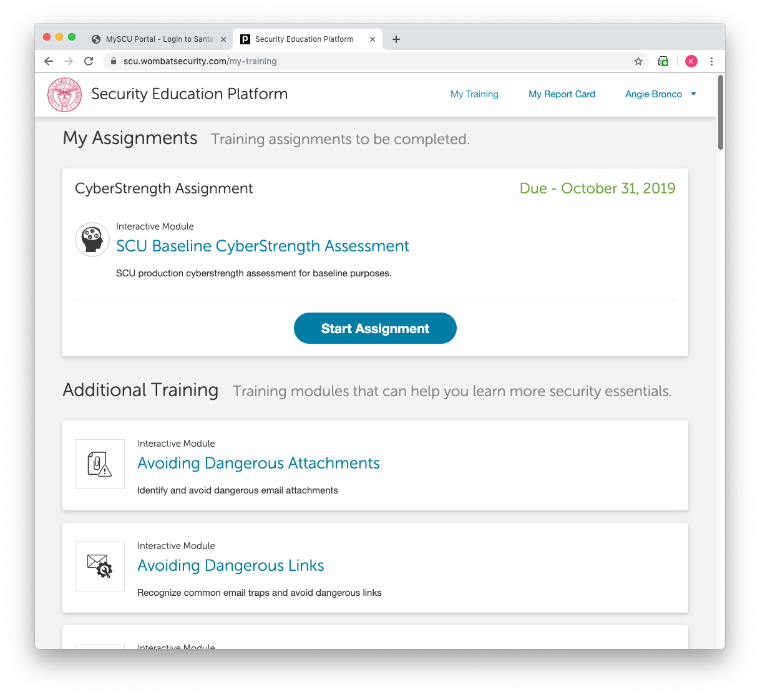 webpage with training assignment listed