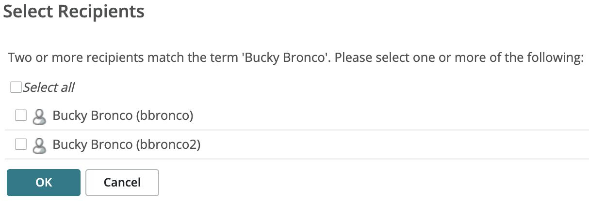 Check recipients matching a search string