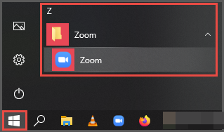 Alt text: Windows Start menu showing Zoom application highlighted.