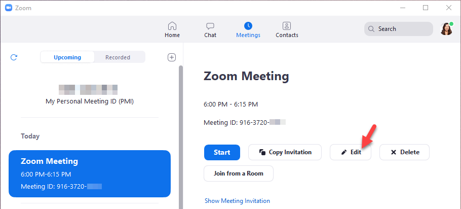 Client and Meeting details in scheduling interface. 'Edit' button highlighted with a red arrow.