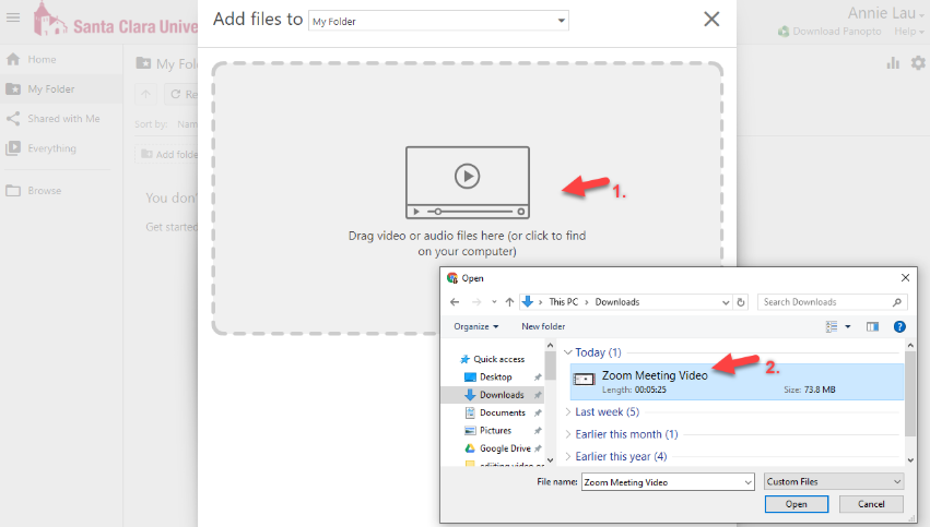 Alt text: Screenshot of Panopto video upload window with file selection dialogue open.