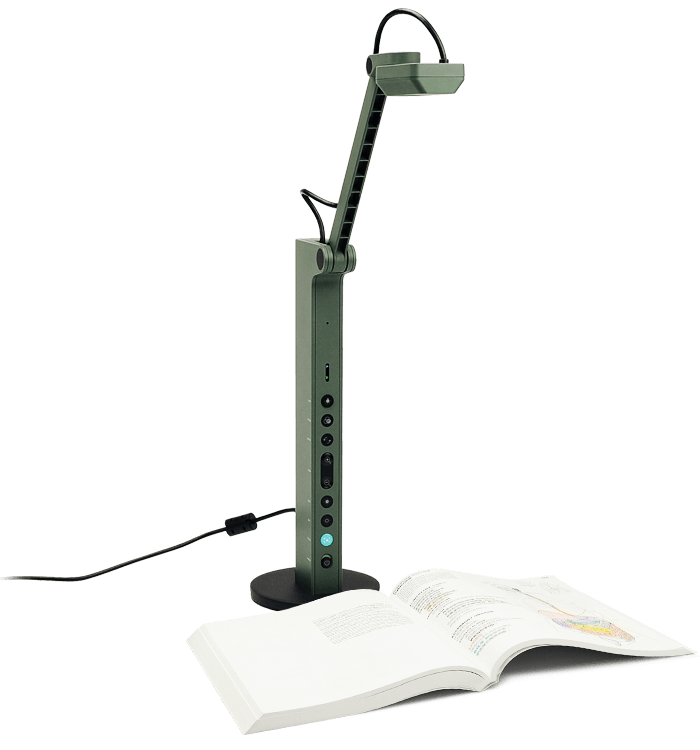 Alt text: IPEVO document camera positioned over an open book.
