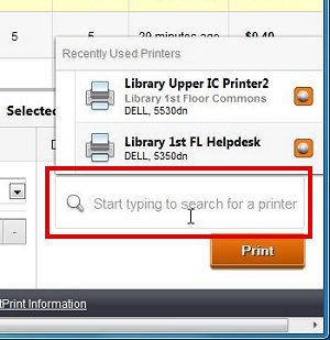 Printer search window showing available printers and the option to update printer list.