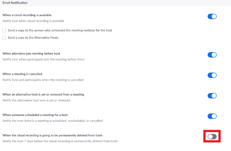 list of email notifications in Zoom