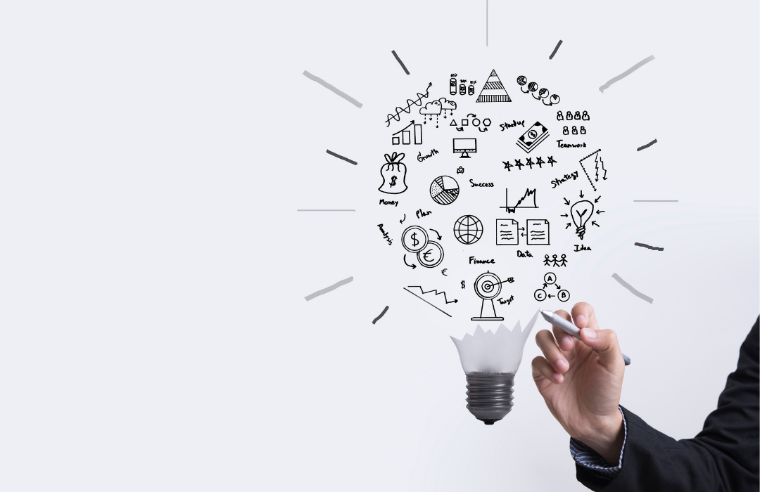 A series of graphs and charts illustrated in the shape of a lightblub 